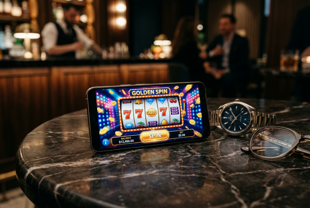 A modern smartphone displaying a vibrant casino interface next to a pair of luxury watches.