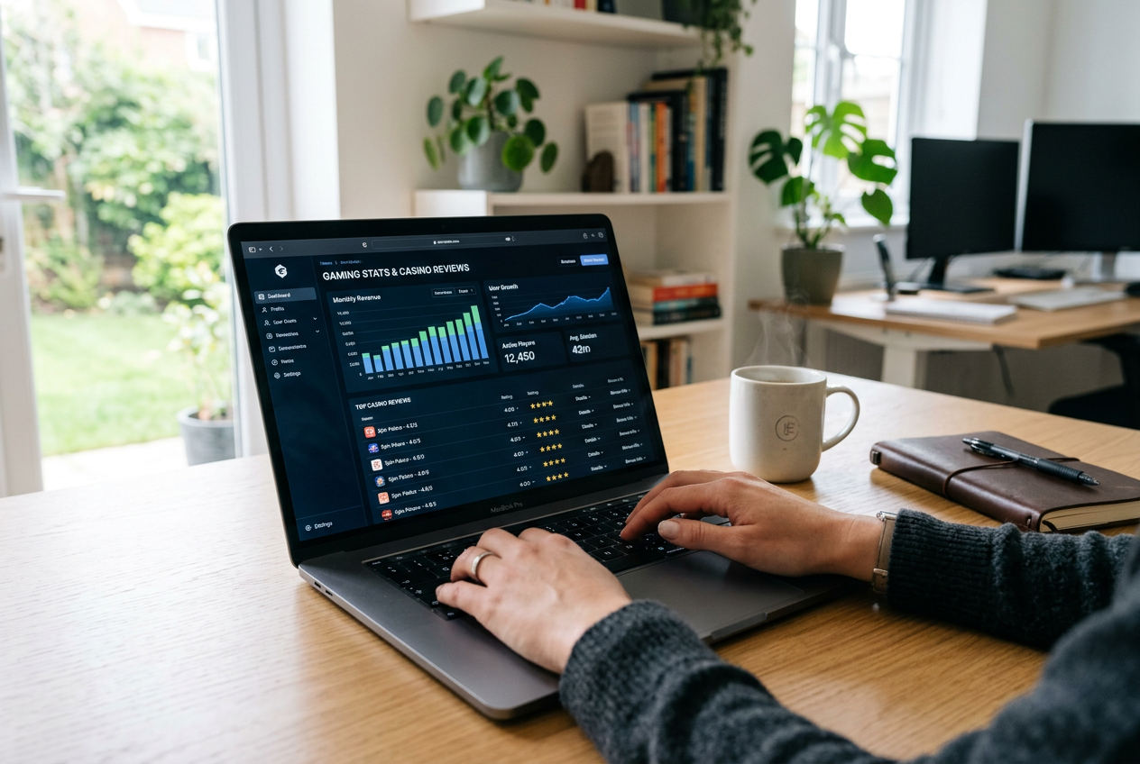 A professional reviewing casino data on a laptop with a cup of coffee.