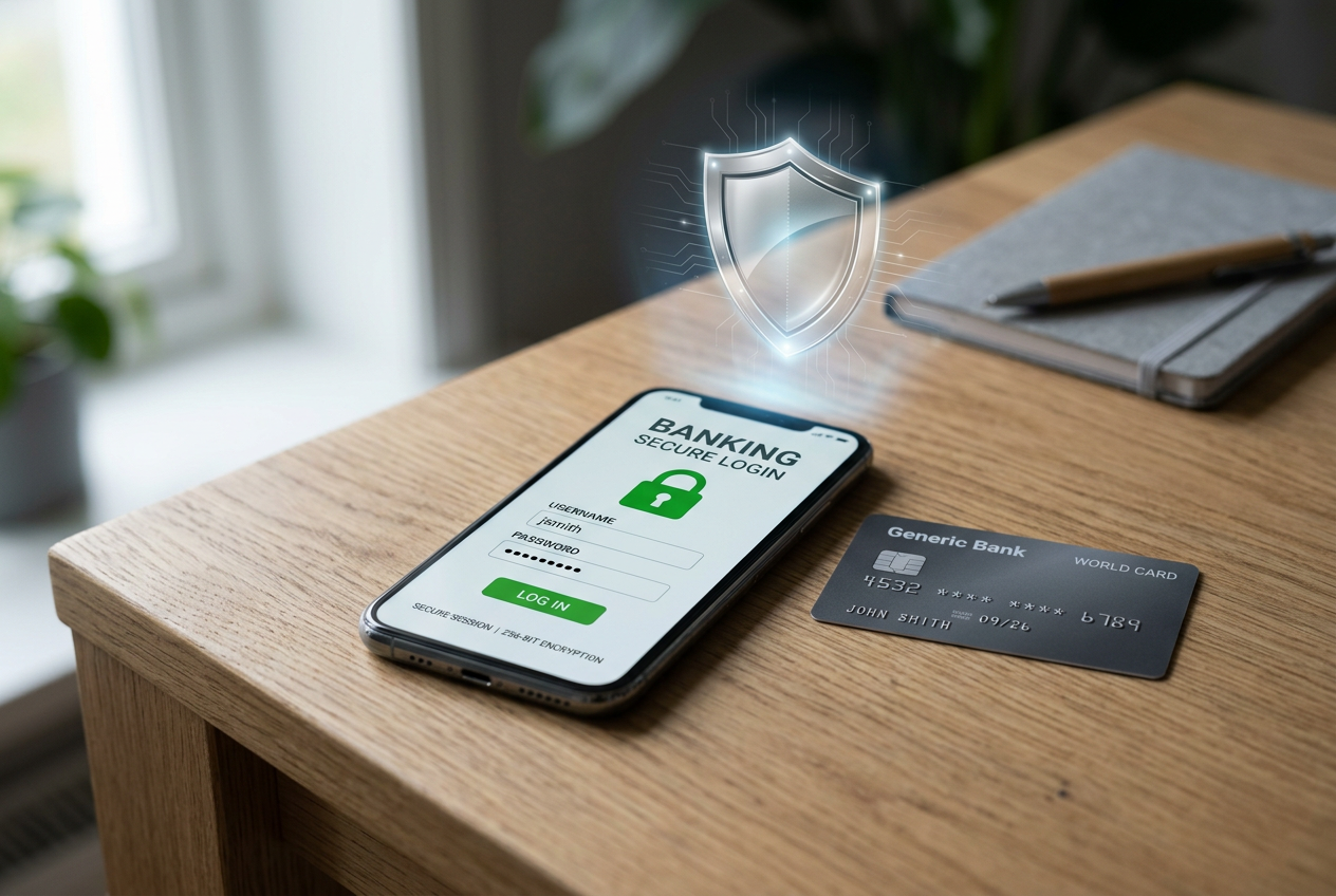 A close-up of a smartphone next to a credit card and a digital shield icon representing security.