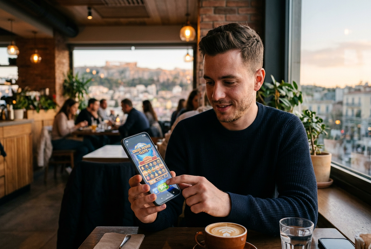A person using a smartphone to access an online casino app in a modern lounge.