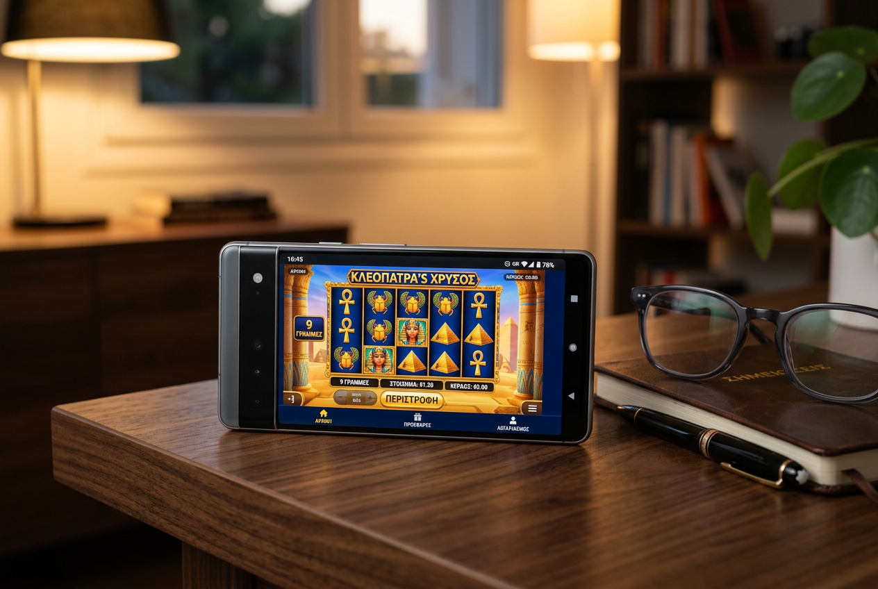 A high-end smartphone displaying a vibrant Greek online casino interface on a modern desk.