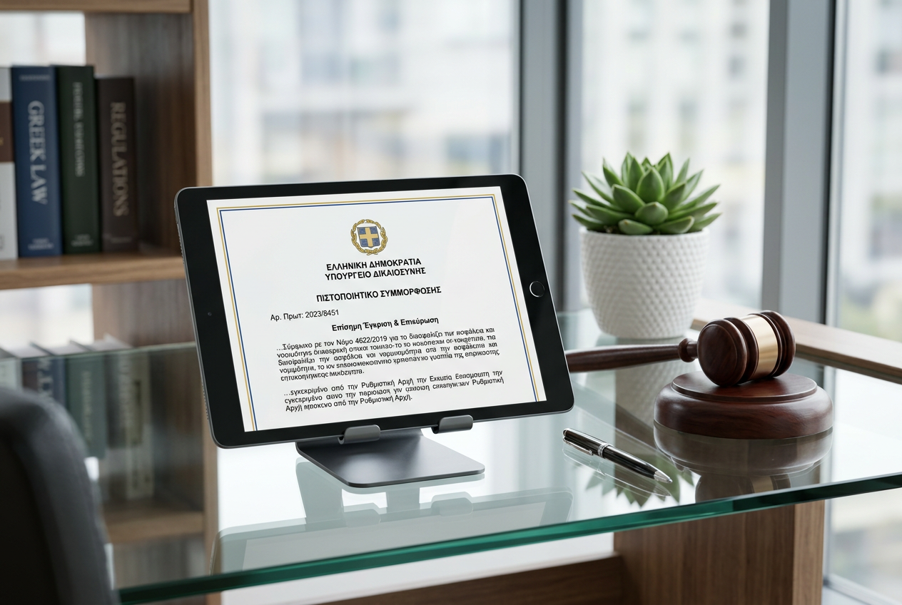 A tablet showing regulatory icons and Greek law documents next to a gavel, symbolizing legal gambling.