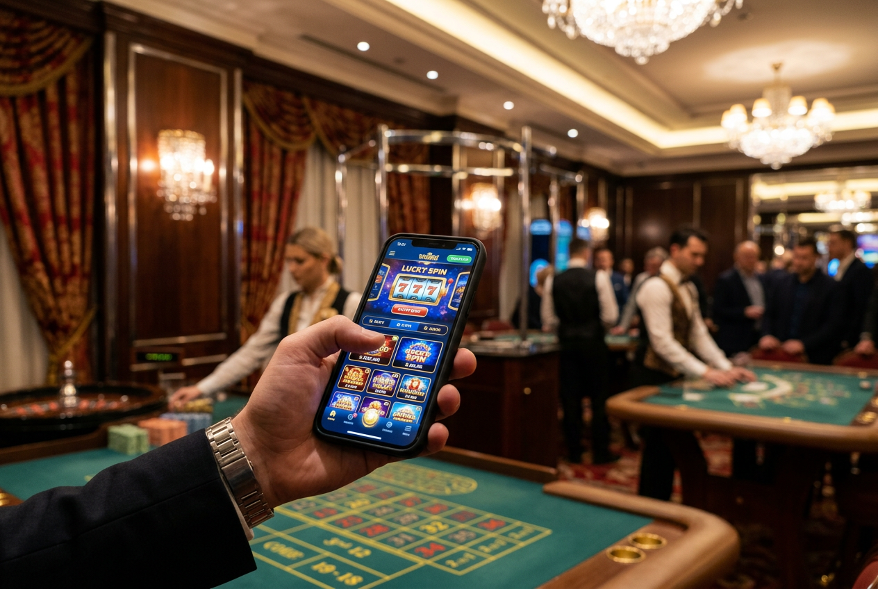 A luxury European casino setting with modern digital interfaces